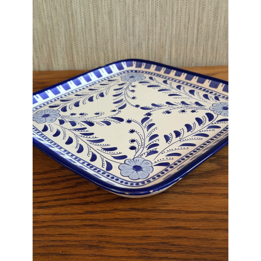Le Souk Ceramique Blue White Square 9.75" Plate Hand Painted Floral - Picture 9 of 9